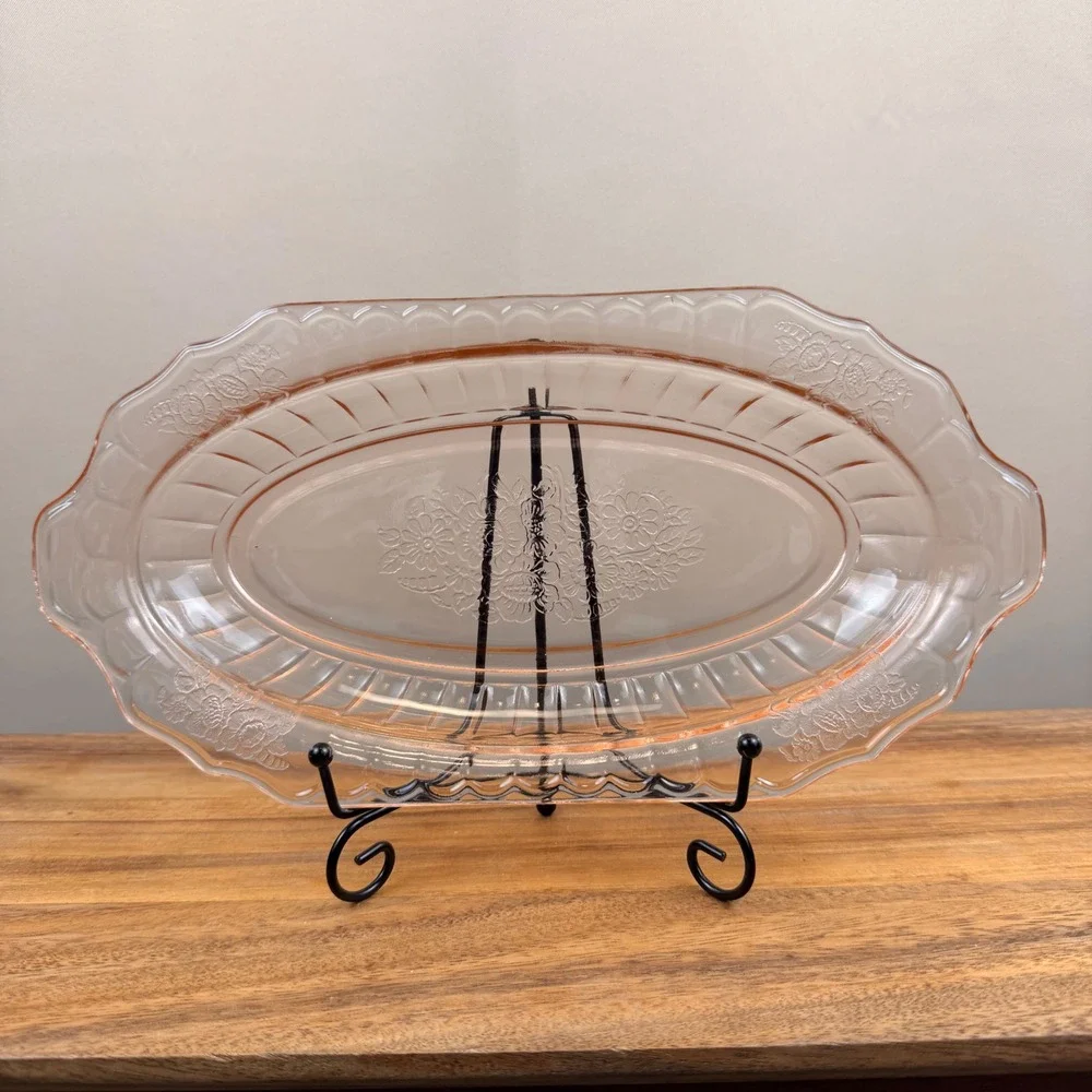 Anchor Hocking Mayfair Open Rose Pink Depression Glass Oval Serving Bowl 12 Inch